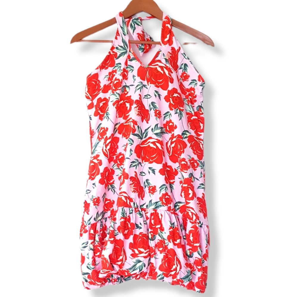 ASOS Pink & Red Roses Bubble Hem Short Dress - Picture 3 of 13